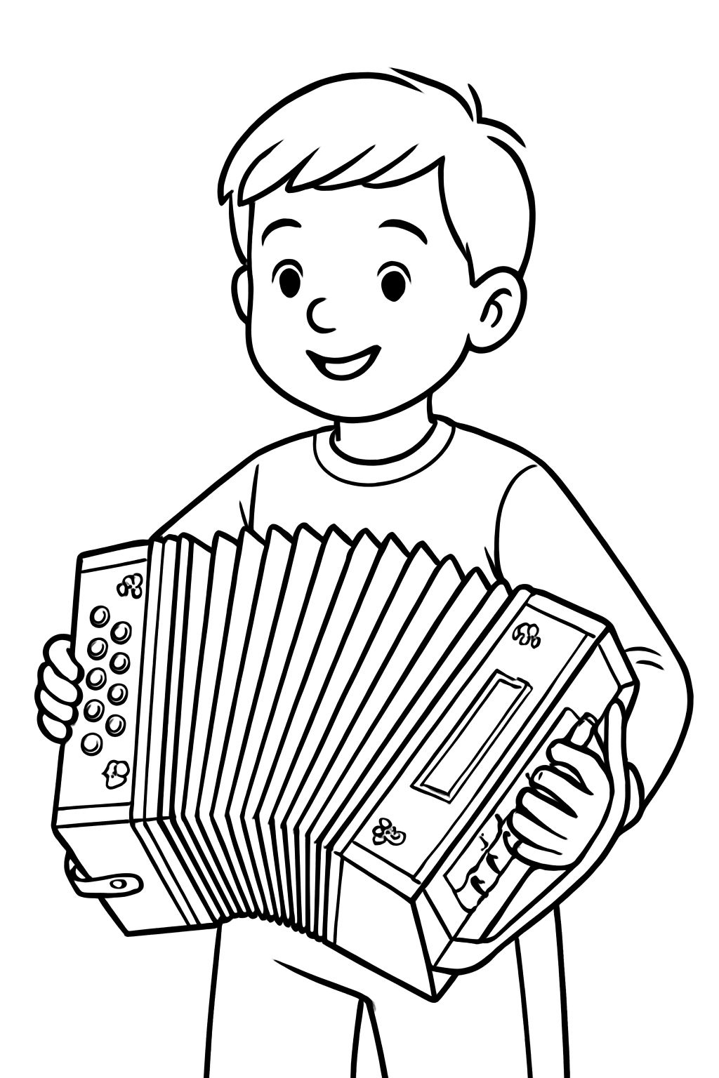 Playful Young Boy Playing Accordion Cartoon Line Drawing Coloring Book Pages