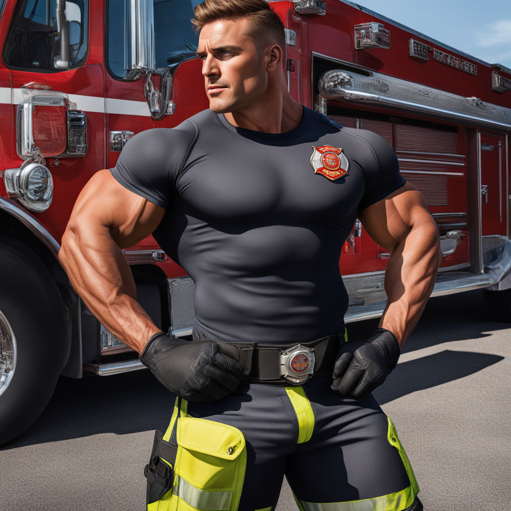 Huge muscular firefighter in a tight compression shirt by luuk krijnen ...