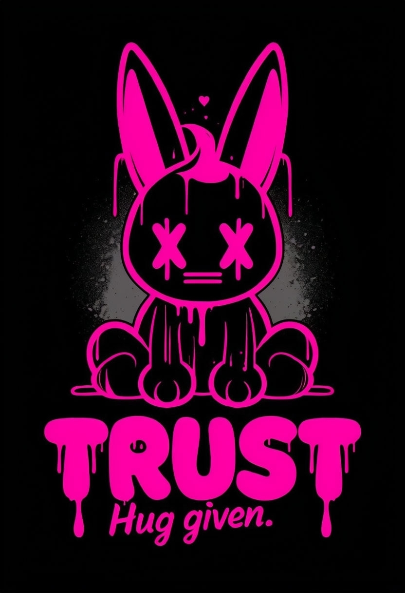 Neon Pink Cartoon Rabbit Character with Trust Message T-Shirt