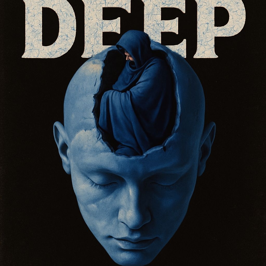 Contemplative Blue Sculpted Head with Internal Figure Artwork Spotify Album Cover