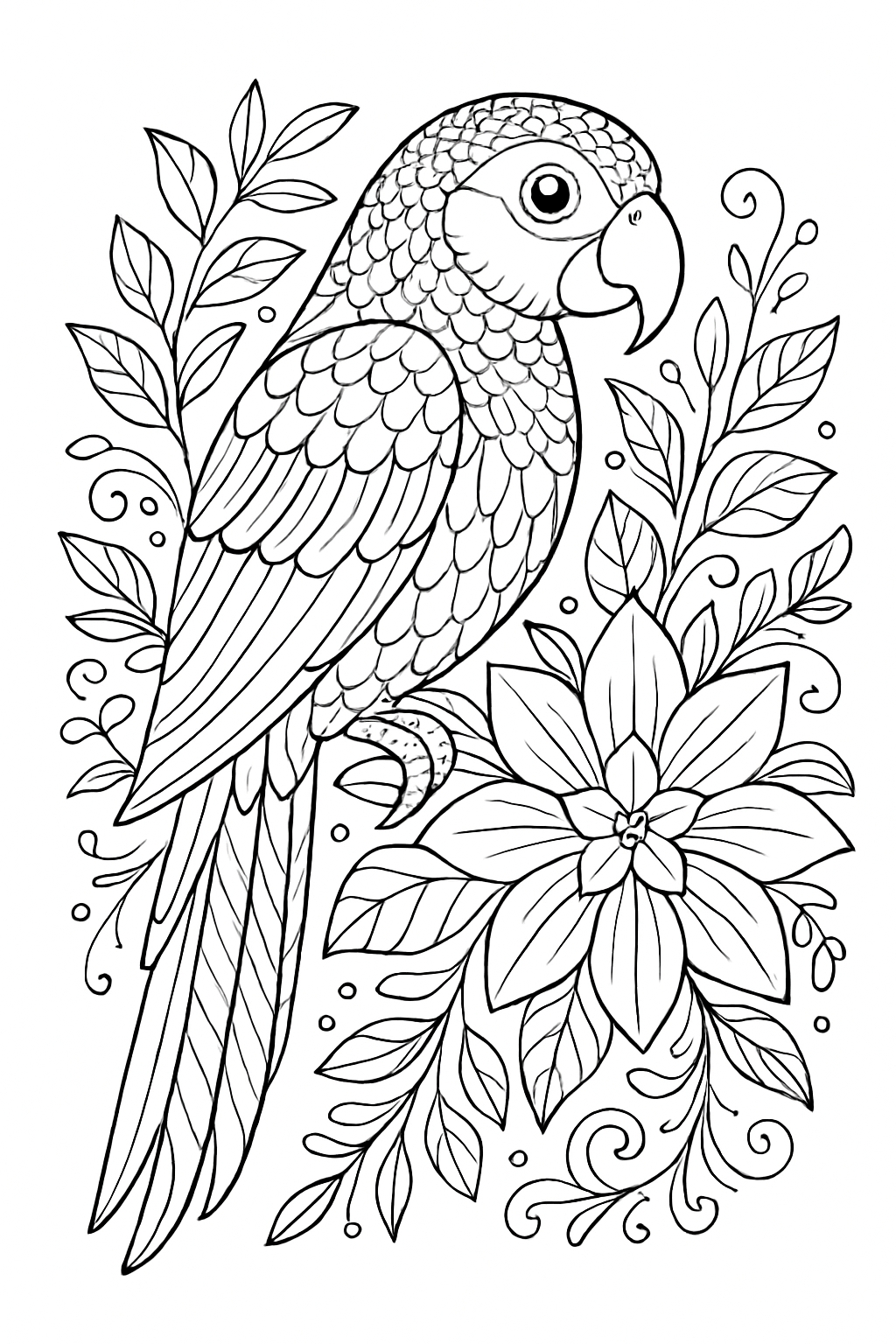 Intricate Parrot and Floral Line Drawing for Relaxation Coloring Book Pages