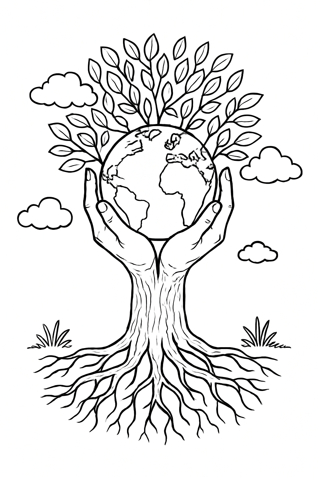 Intricate Nature-Themed Tree and Globe Line Drawing Coloring Book Page