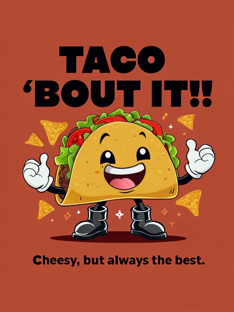 Cheerful Taco Character with Fun Text and Background Poster