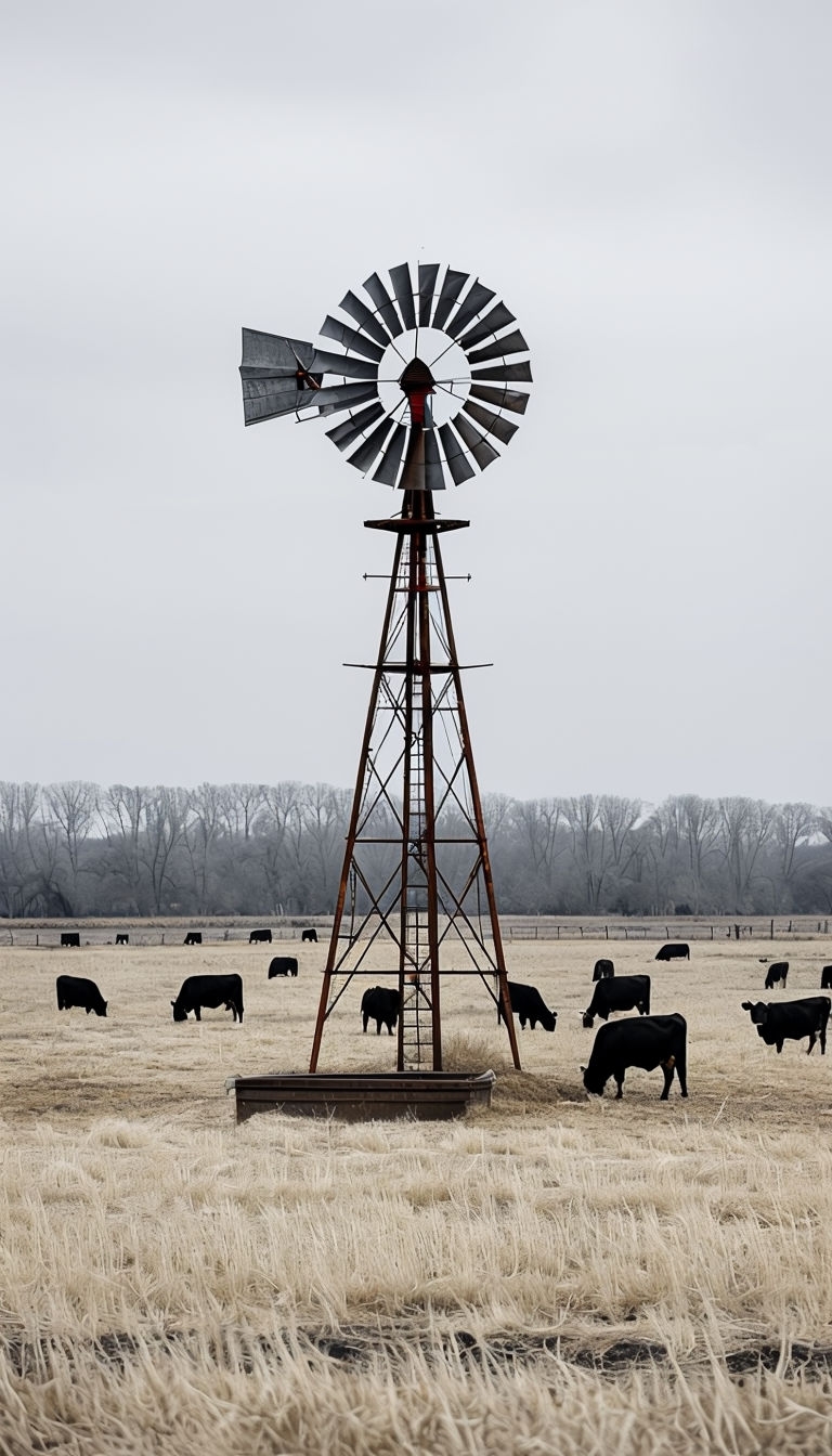 Rustic Windmill and Grazing Cows in Serene Landscape Mobile Wallpaper