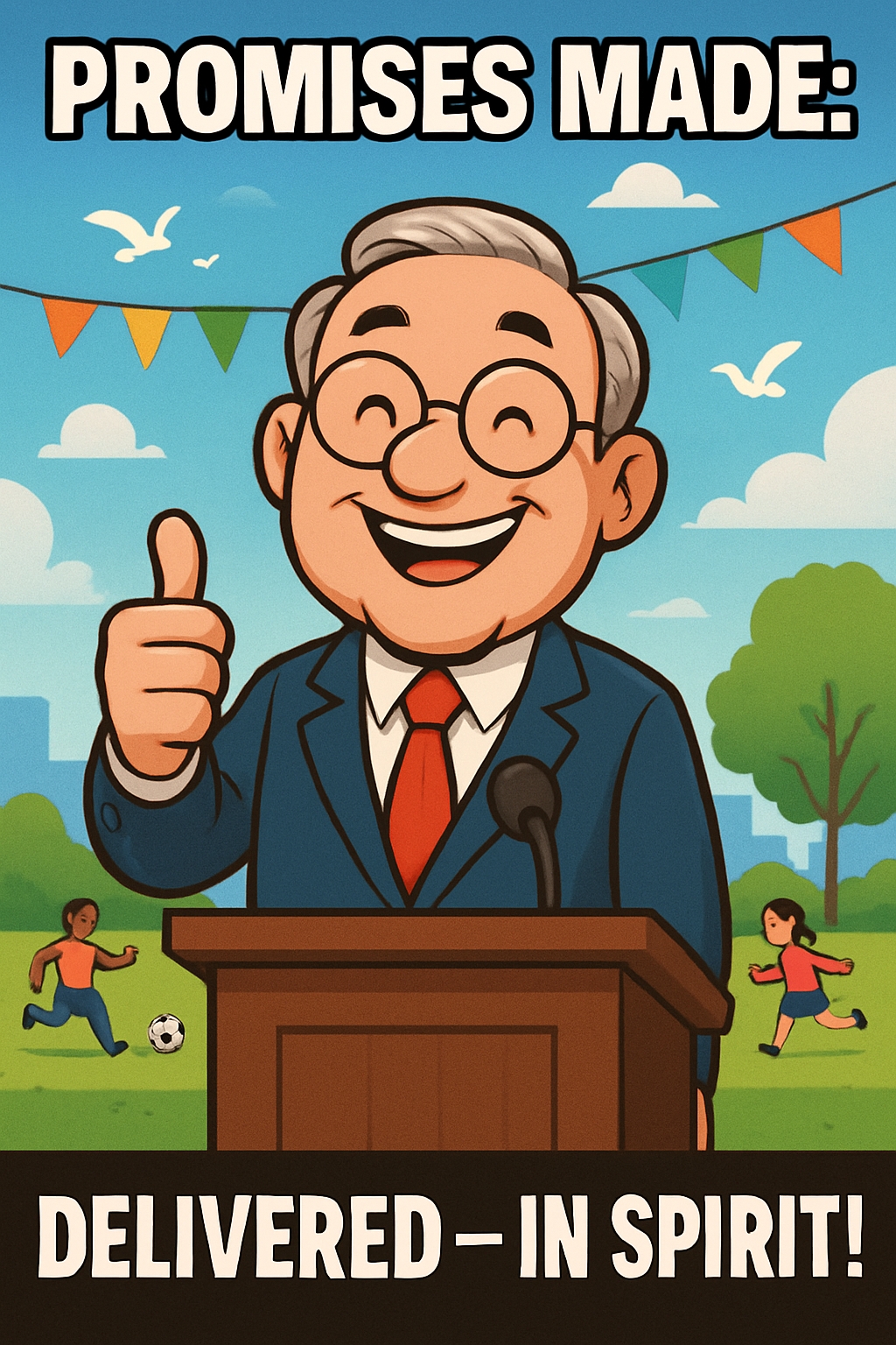 Cheerful Elderly Man at Podium with Promises Made Memes