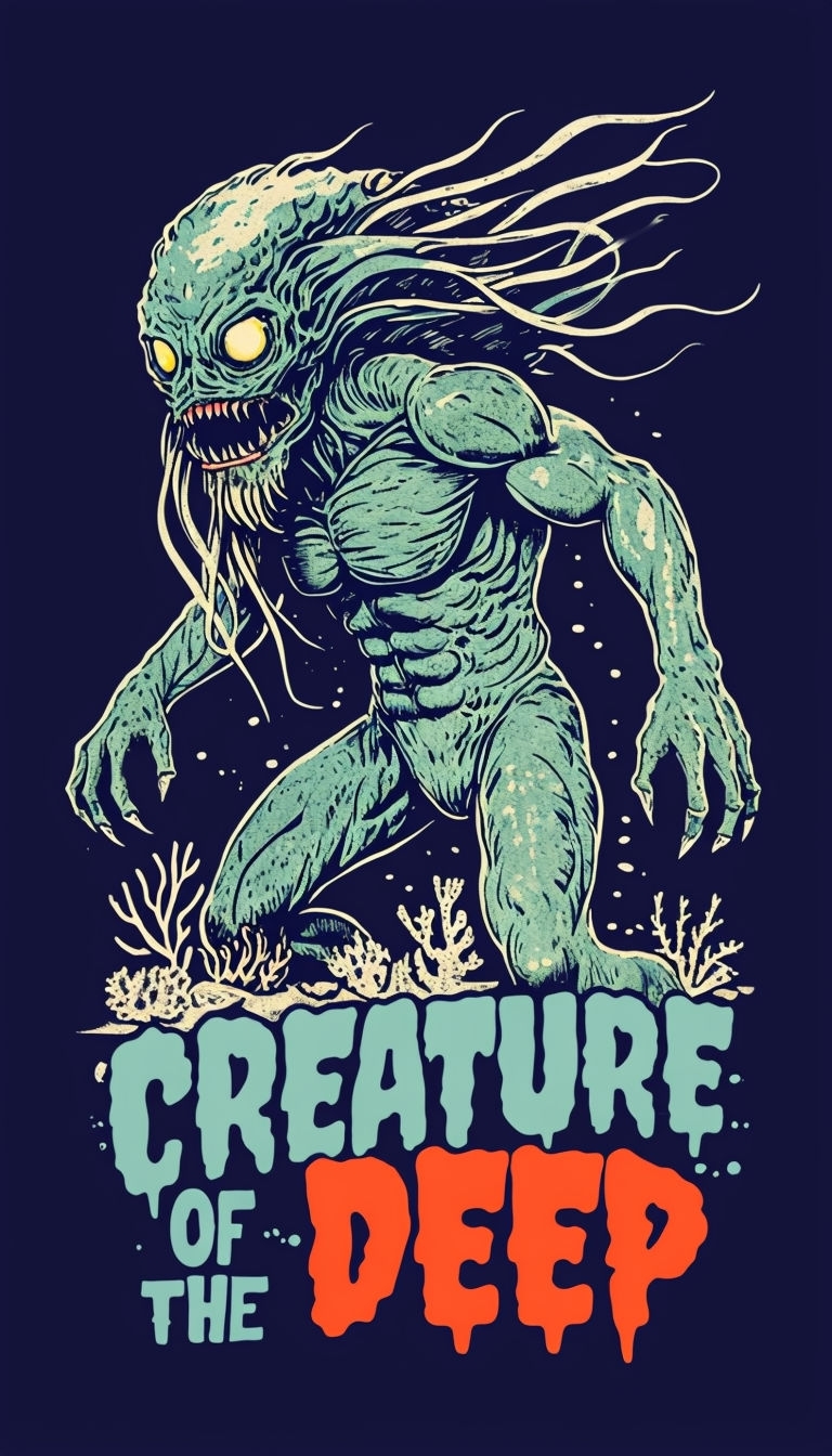 Vintage Horror Creature of the Deep Illustrated Poster