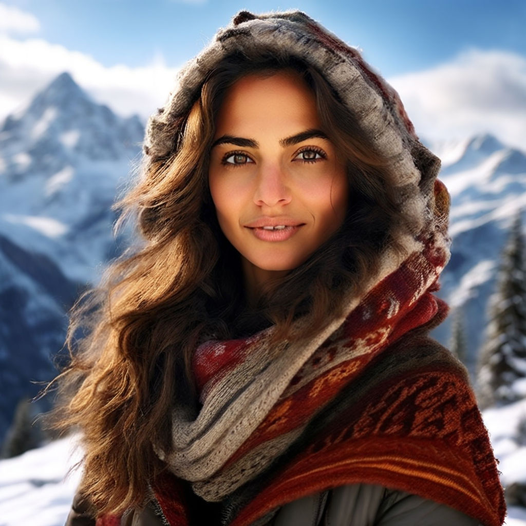 20 year old beautiful Ana de Armas dressed in skiing wear on snowy mountain  top