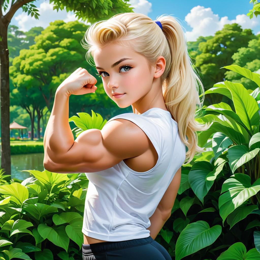 A 12 Year Old Blonde Girl Showcasing Her Extreme Bicep And T By Fans