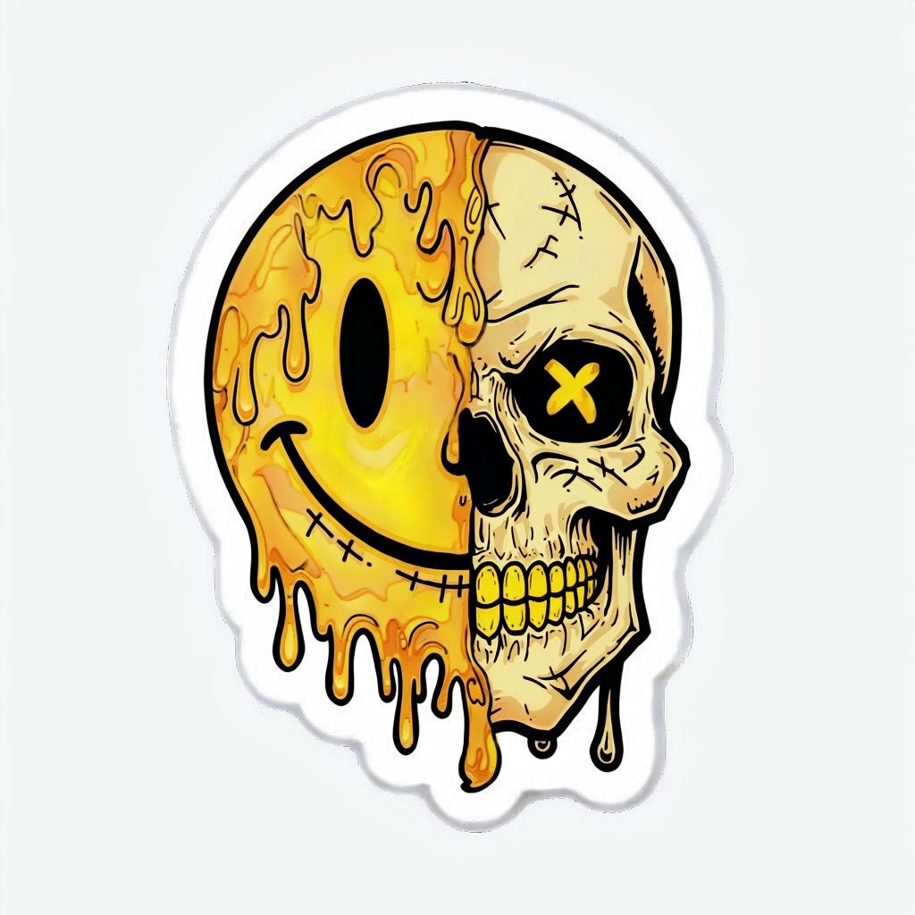 Vibrant Split Face Smiley and Skull Cartoon Sticker