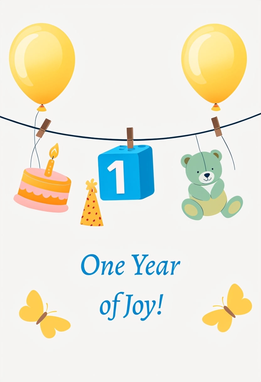 Cheerful First Birthday Celebration Sign with Fun Illustrations Event Sign