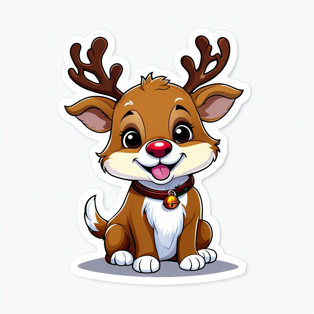 Cheerful Cartoon Reindeer Puppy with Red Nose Sticker