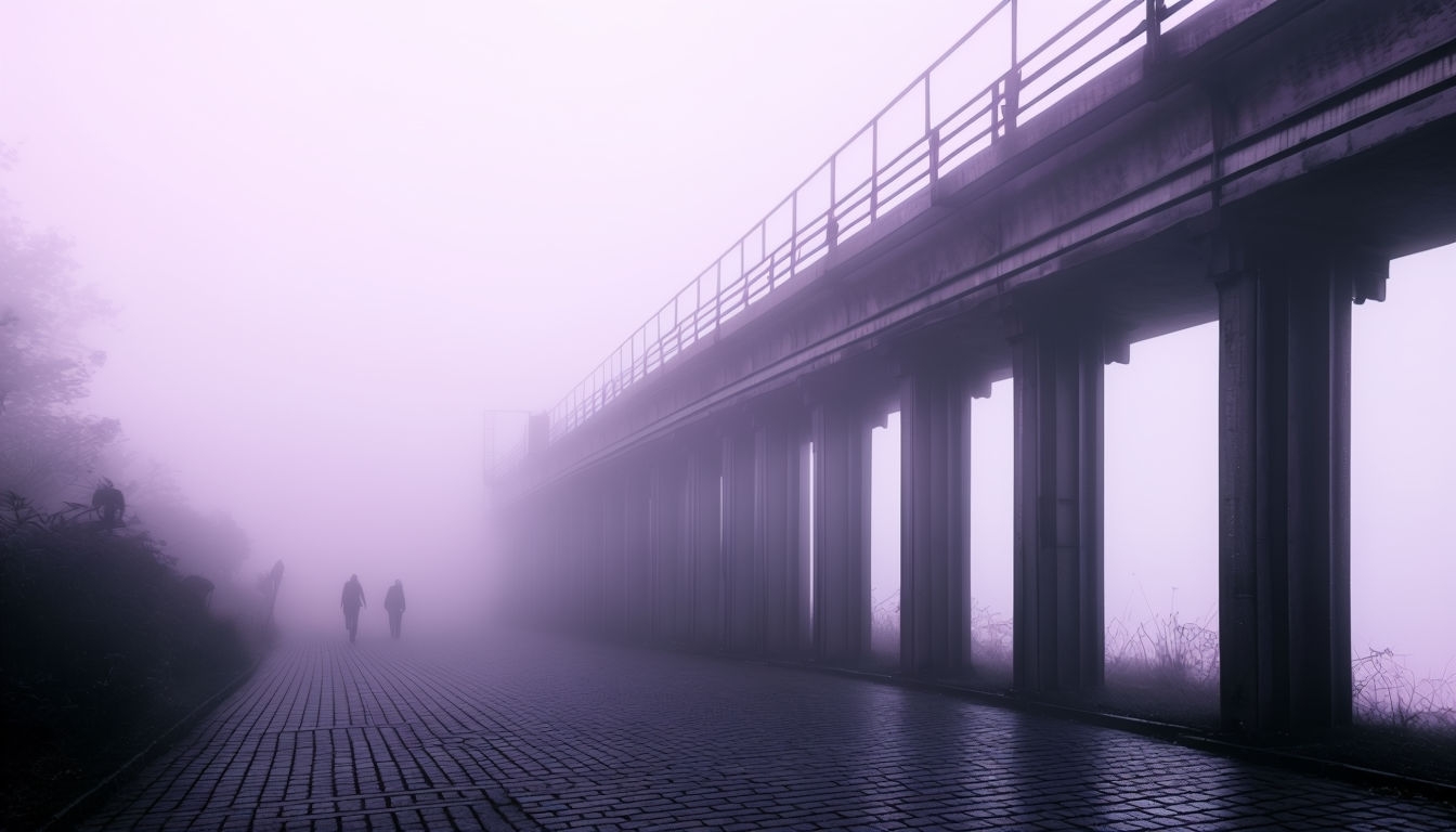 Eerie Foggy Street with Silhouetted Figures Virtual Background