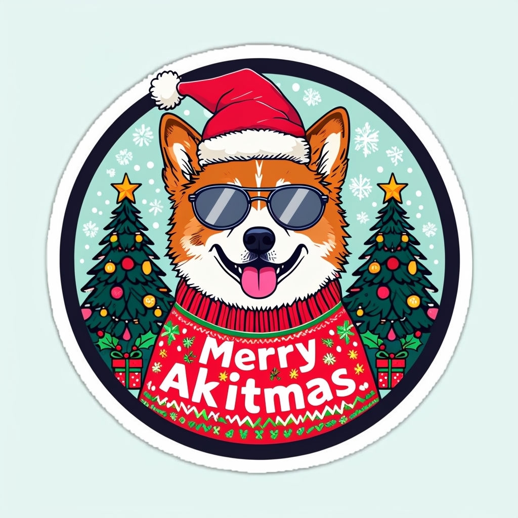 Joyful Akit Dog in Santa Hat Christmas Sticker Design