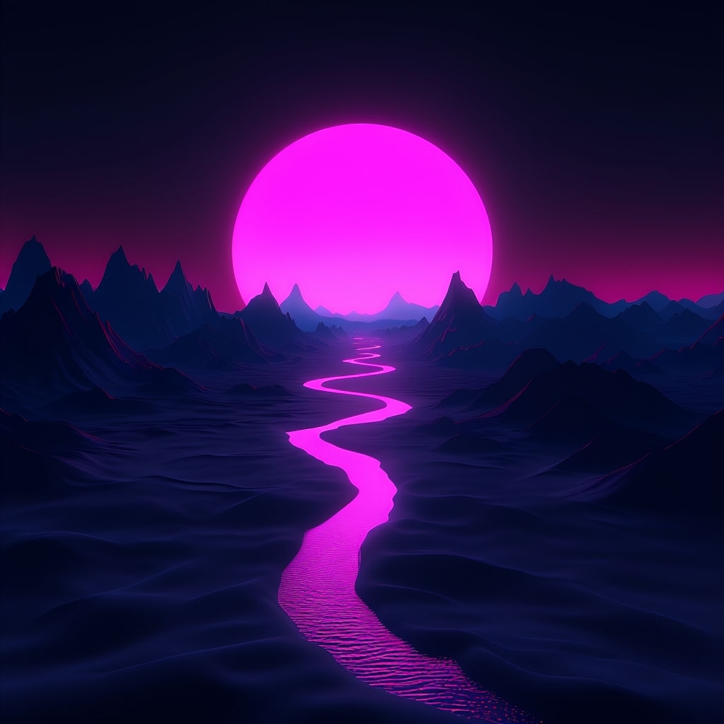 Surreal Retro-Futuristic Landscape with Neon Pink Sun Art