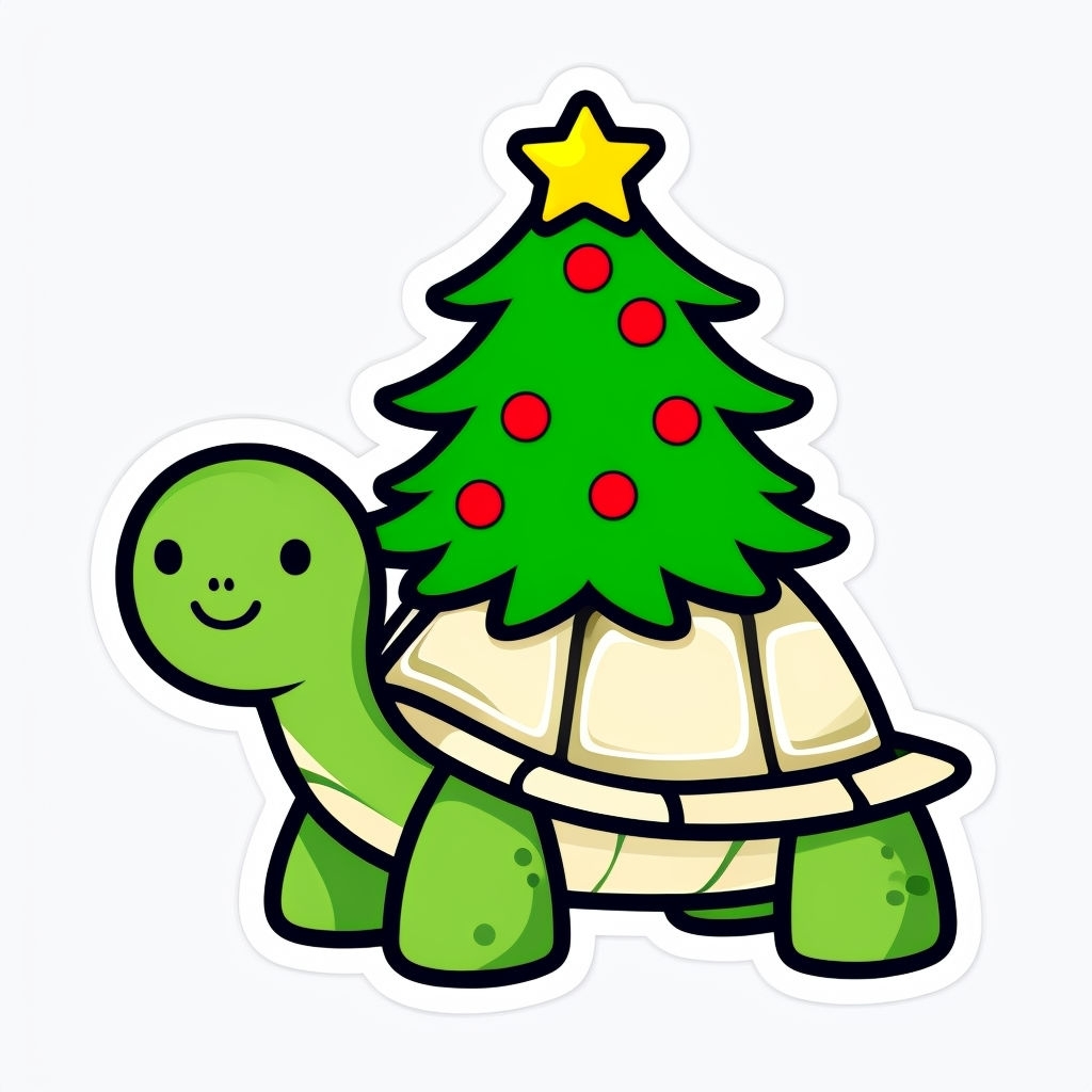 Cheerful Cartoon Turtle with Christmas Tree Illustration Sticker