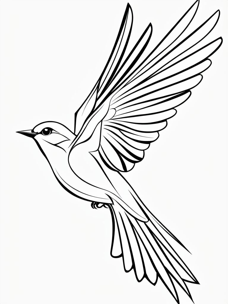 Elegant Black and White Bird in Flight Line Drawing Coloring Book Pages