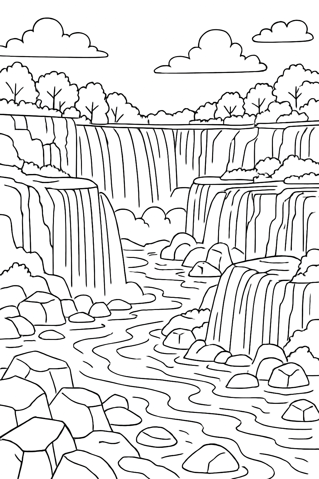 Tranquil Nature Landscape with Waterfalls and River Coloring Book Pages