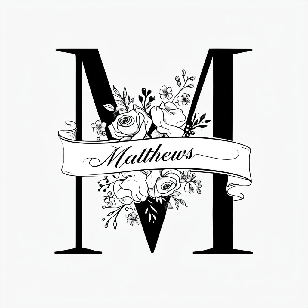 Elegant Black and White 'M' Monogram with Floral Accents
