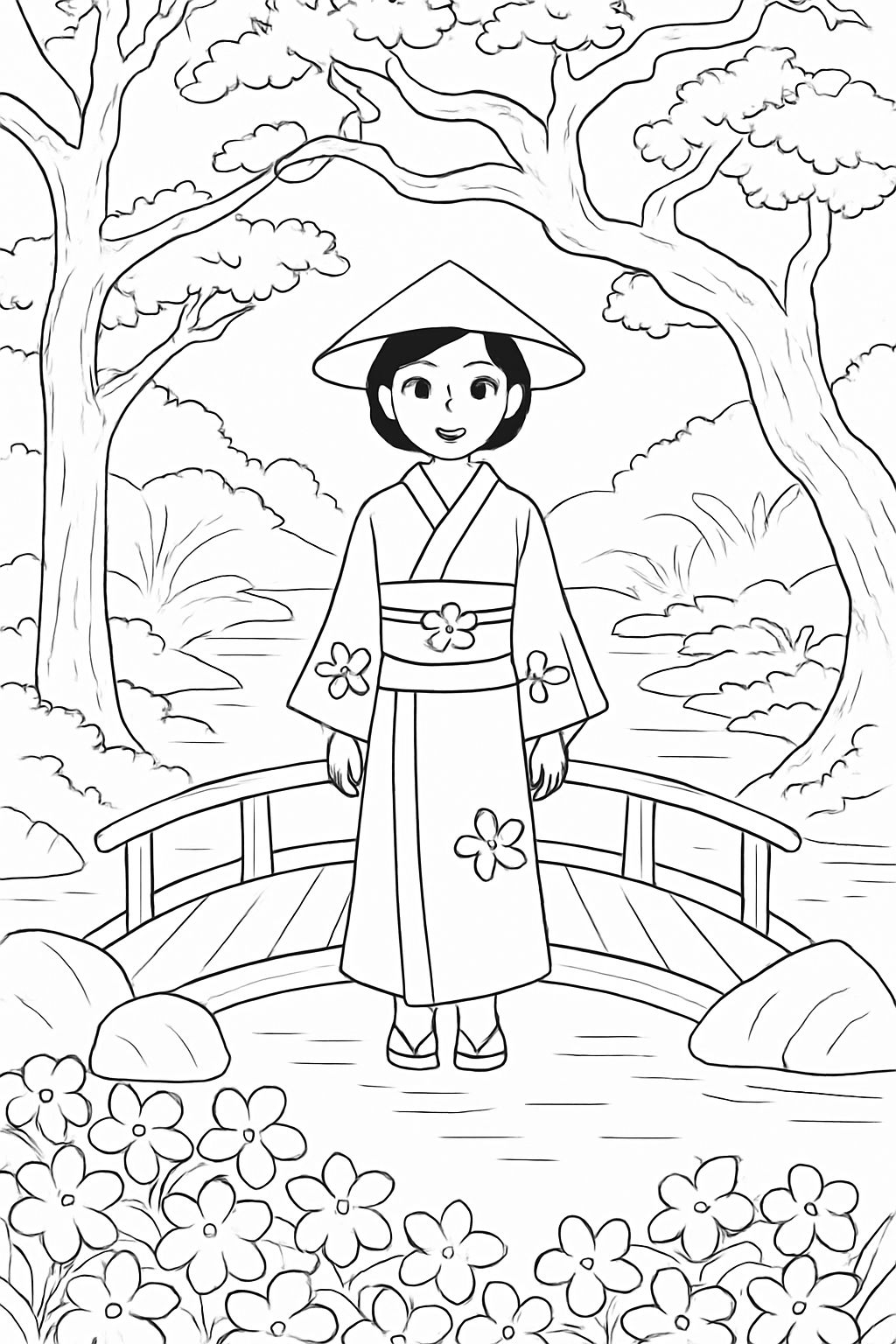 Serene Japanese Garden Scene with Young Girl Coloring Page