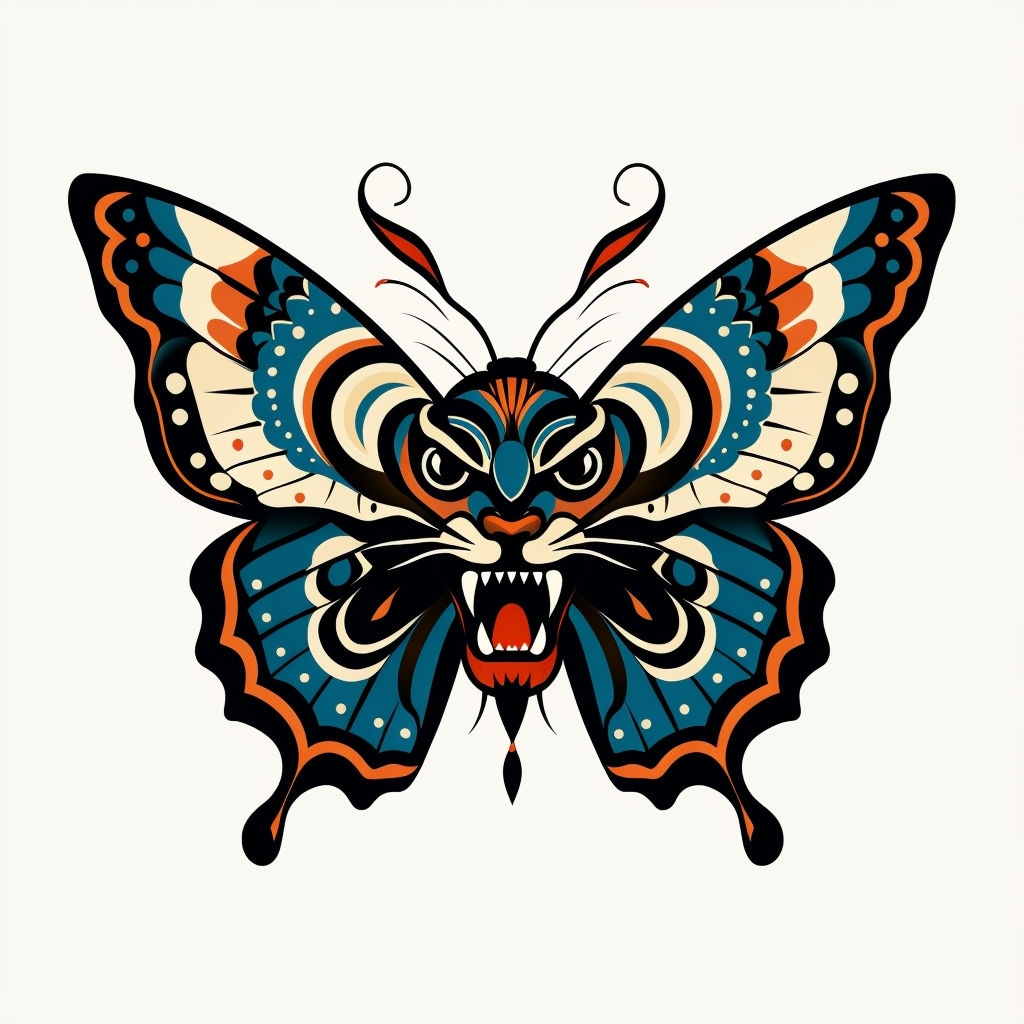 Symmetrical Stylized Butterfly Art with Intricate Patterns Illustration