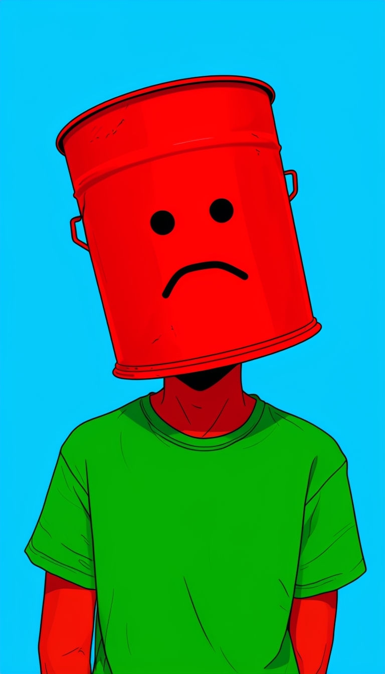 Quirky Red Bucket Head Character Digital Illustration Art