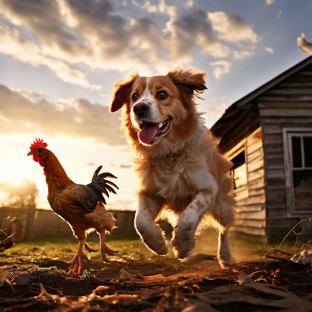 little children playing in the yard. Dog chasing a Chicken Playground