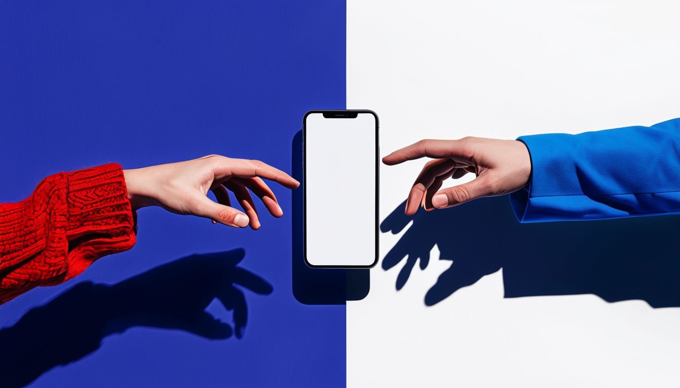 Vibrant Hands Reaching for Smartphone on Dual-Toned Background Mockup