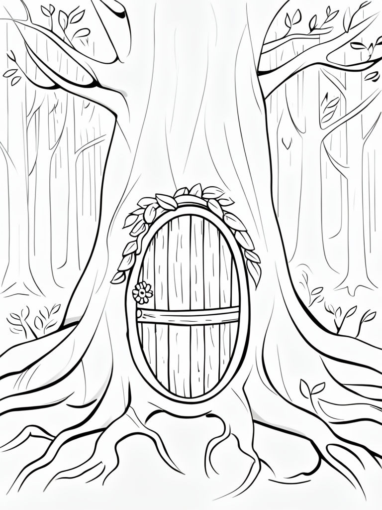 Whimsical Black and White Forest Tree Trunk Line Drawing Coloring Book Pages