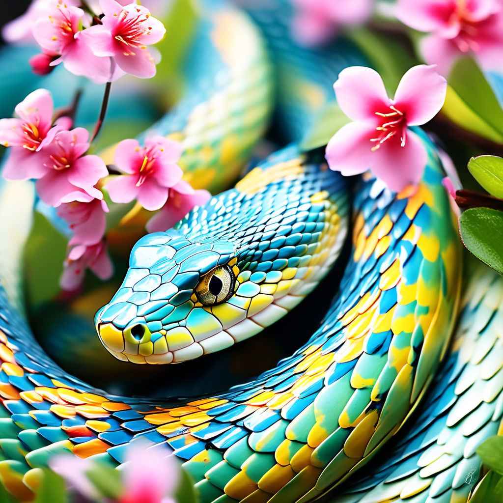 surrounded by colorful snakes swirling among them