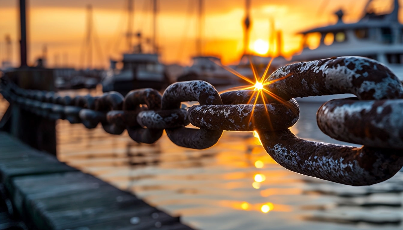 Serene Sunset Over Weathered Metal Chain Virtual Background