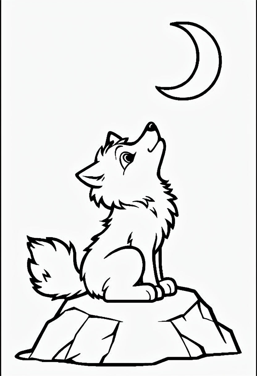 Friendly Cartoon Wolf Howling at Crescent Moon Coloring Page