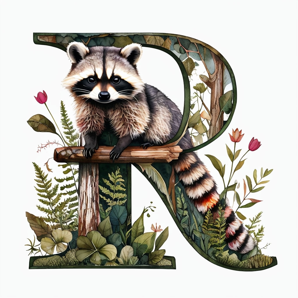 Whimsical Watercolor R Monogram with Raccoon and Nature Elements Monogram