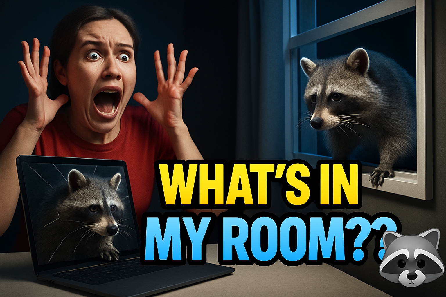 Shocked Woman and Raccoon Scene with Bold Text Social Media Post