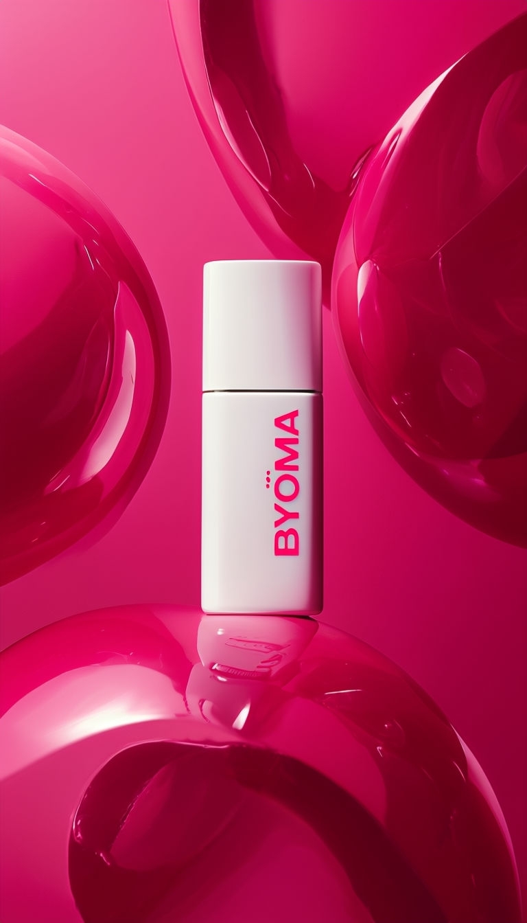 Sleek Byōma Moisturizing Gel-Cream Bottle on Glossy Magenta Background Ads