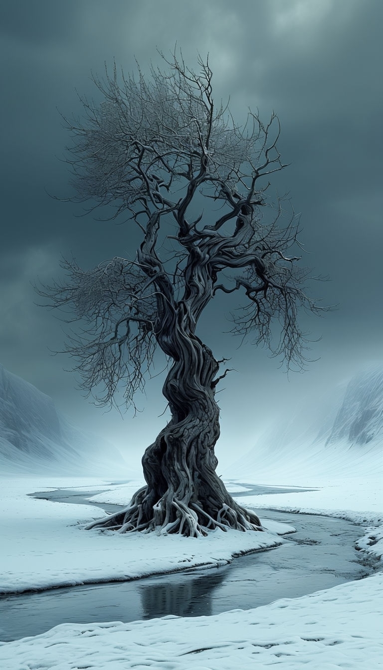 Ancient Willow in a Snow-Covered Valley Mobile Wallpaper