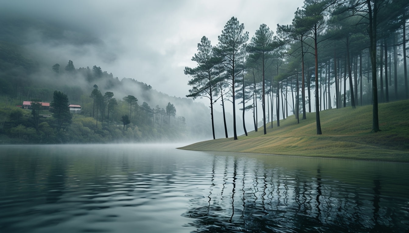 Serene Misty Pine Forest Reflection in Calm Water Background