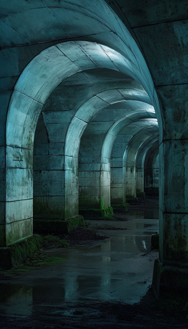 Mysterious Underground Tunnel with Cool Blue-Green Arches Mobile Wallpaper