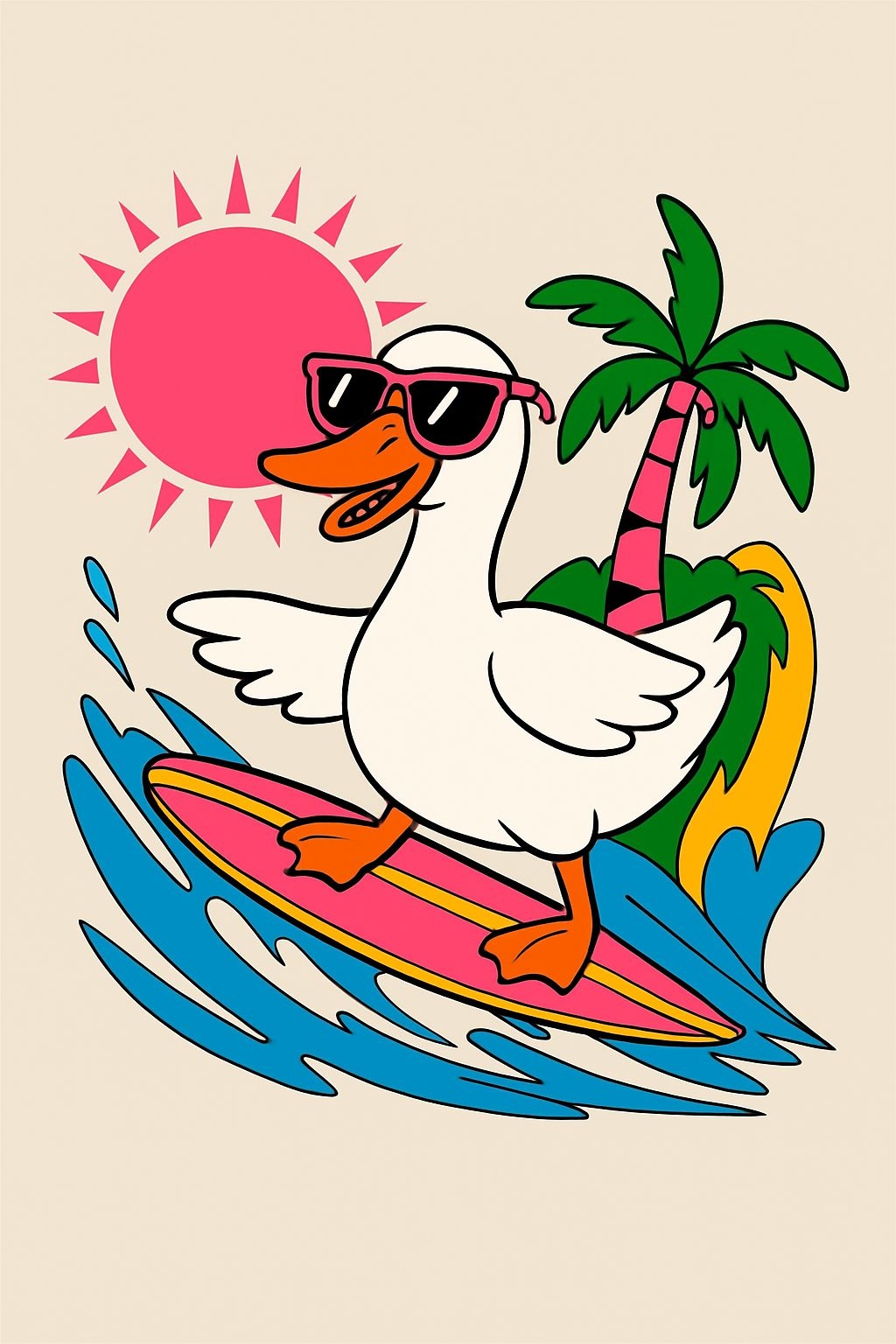 Playful Cartoon Duck Surfing on Pink Board T-Shirt