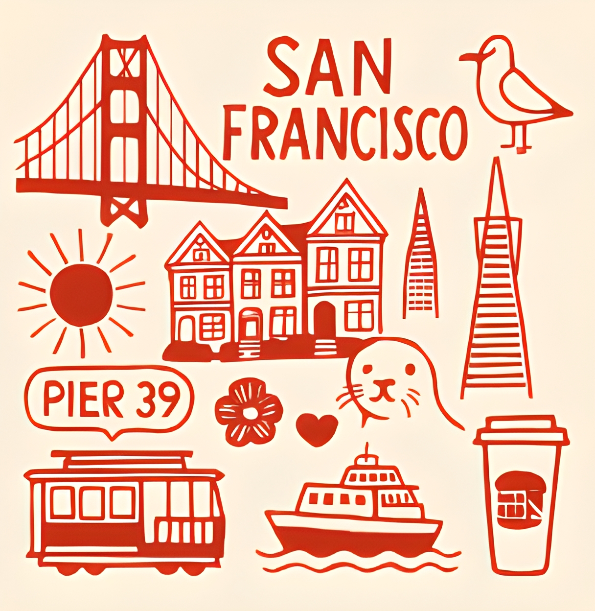 Whimsical Retro San Francisco Symbols Illustration T-Shirt