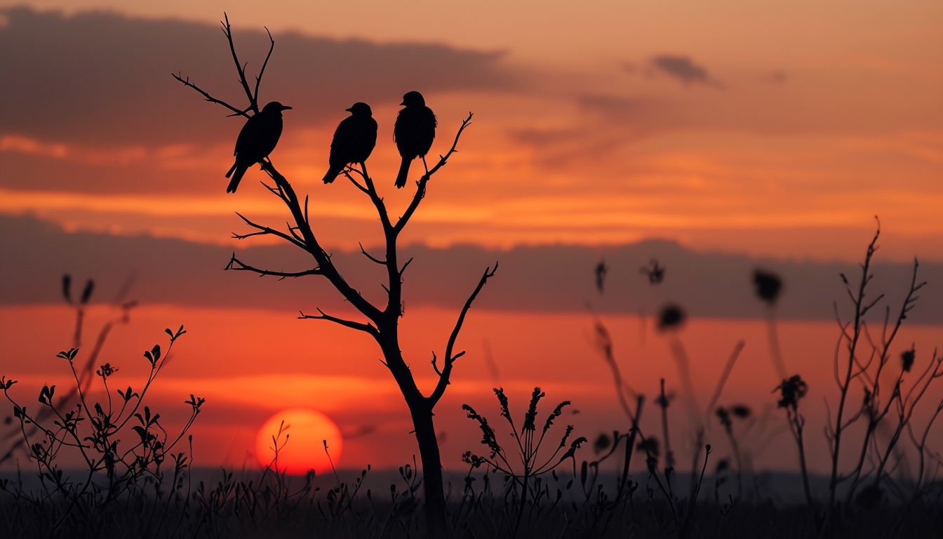Serene Sunset Landscape with Silhouetted Birds Virtual Background