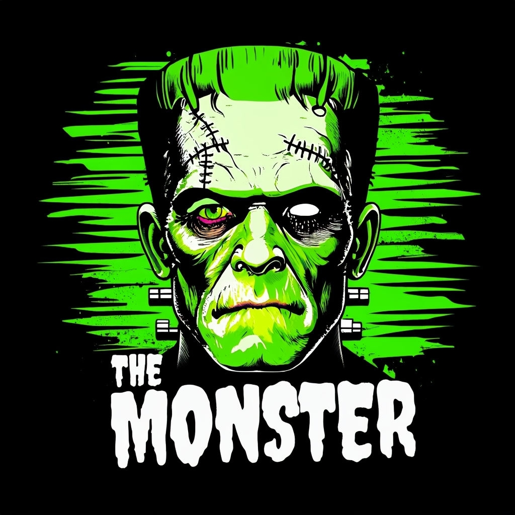 Bold Frankenstein Monster Illustration with Neon Green Accents T-shirt