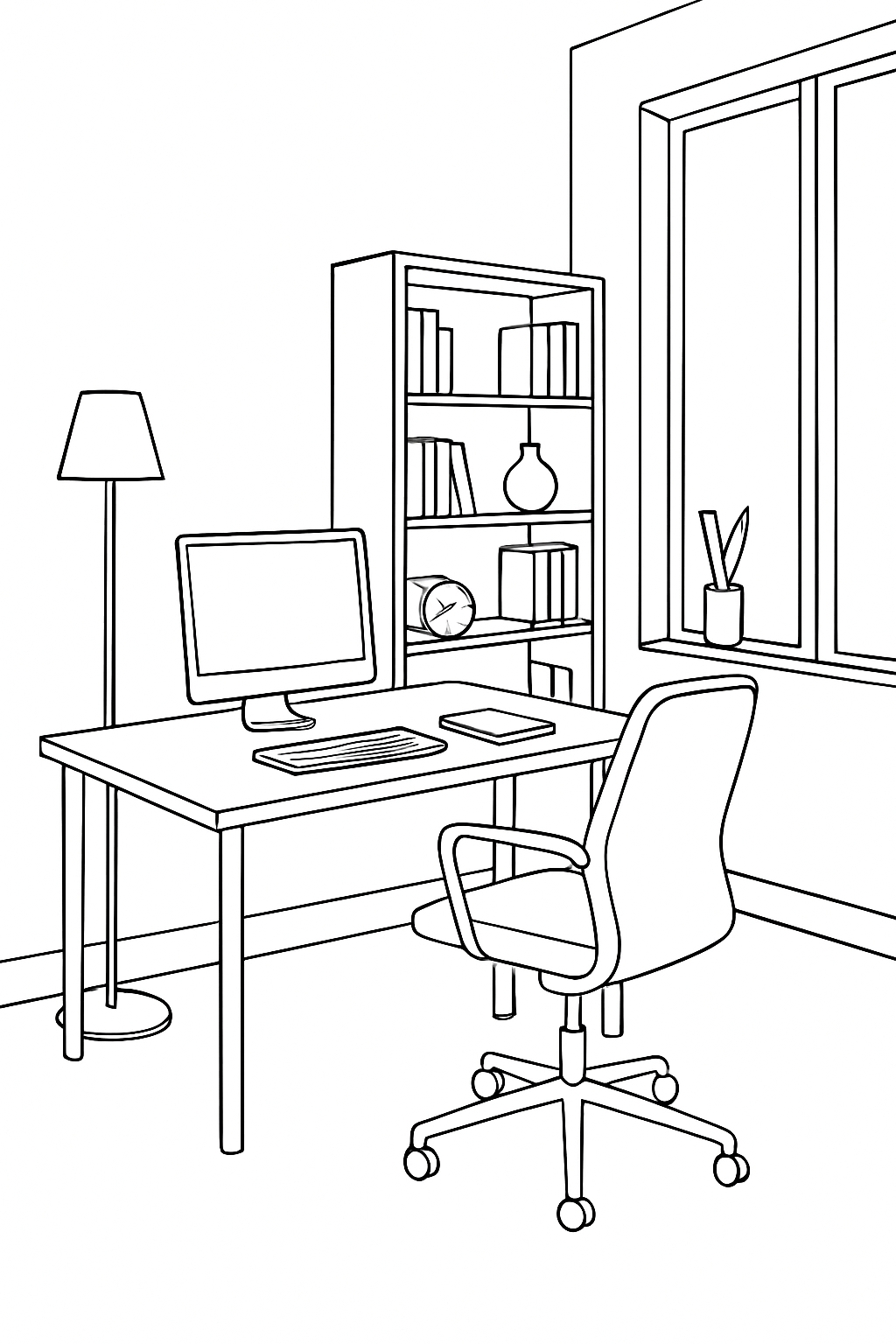 Minimalist Office Space Line Drawing for Creative Coloring Book Pages