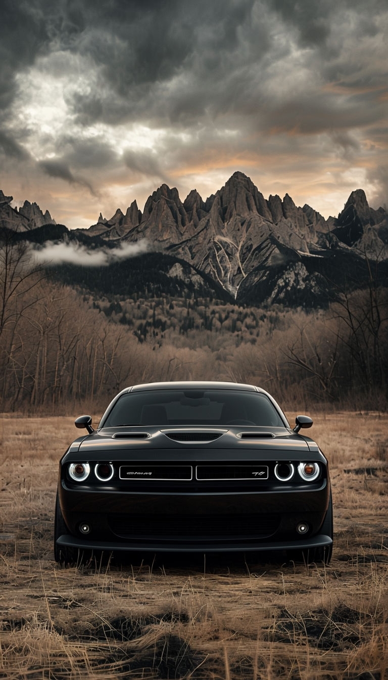 Sleek Black Muscle Car in Scenic Nature Landscape Mobile Wallpaper