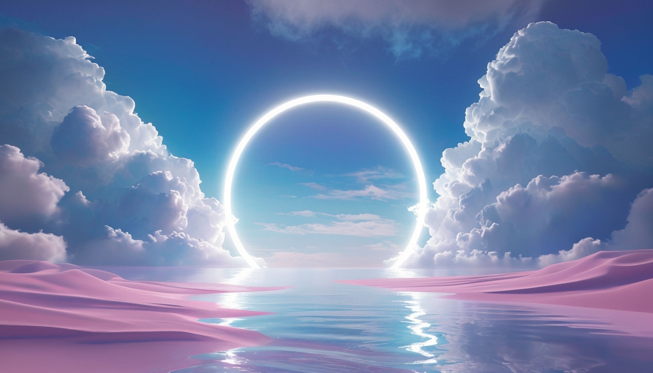 Surreal Neon Circle Landscape with Lavender Sand Dunes Background