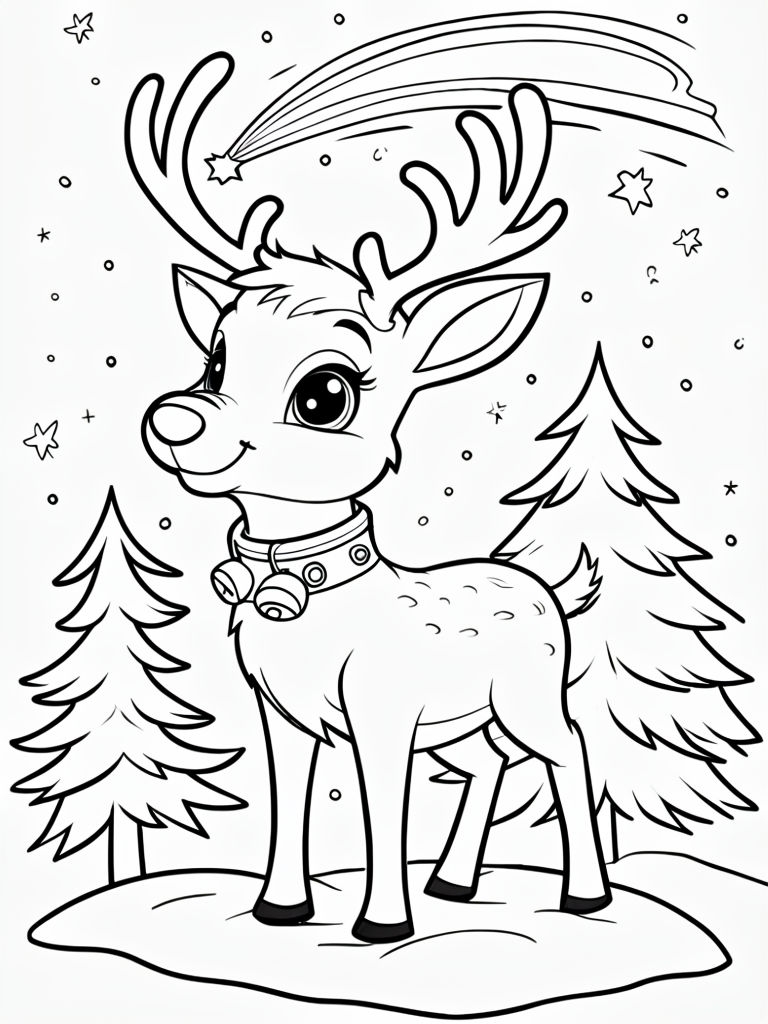 Cute Cartoon Reindeer in Winter Wonderland Coloring Page