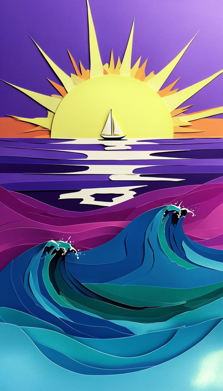 Vivid Abstract Seascape at Dawn with Paper-Cut Waves Wallpaper