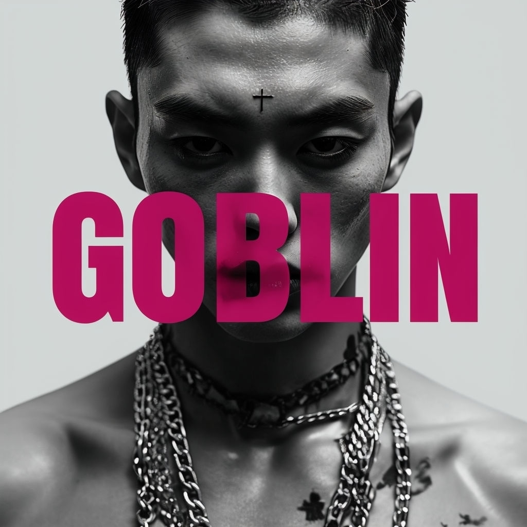 Intense Black and White Goblin Portrait with Bold Text Cover Spotify Album Cover