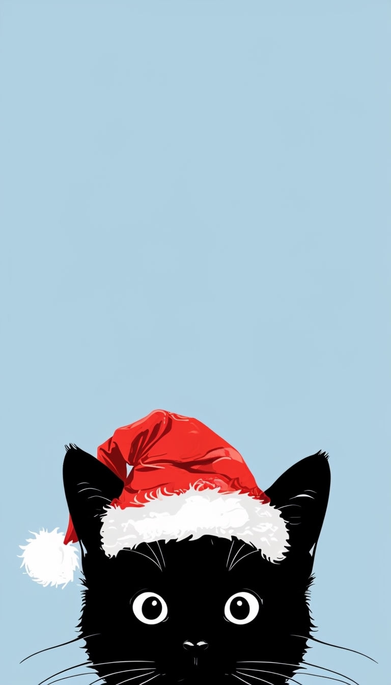 Playful Black Cat with Santa Hat Minimalist Illustration Mobile Wallpaper