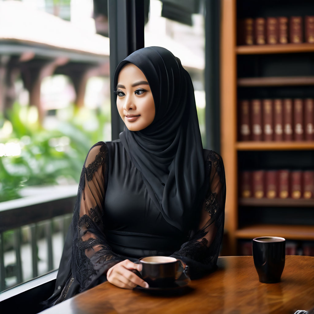 A sexy woman wearing an Islamic headscarf is looking at herself in the  mirror