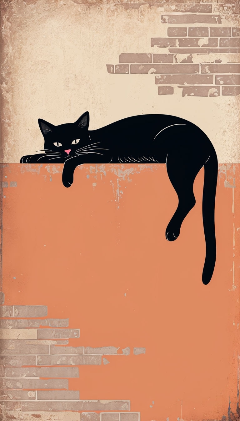 Minimalist Illustration of a Relaxed Black Cat on Vintage Wall Mobile Wallpaper